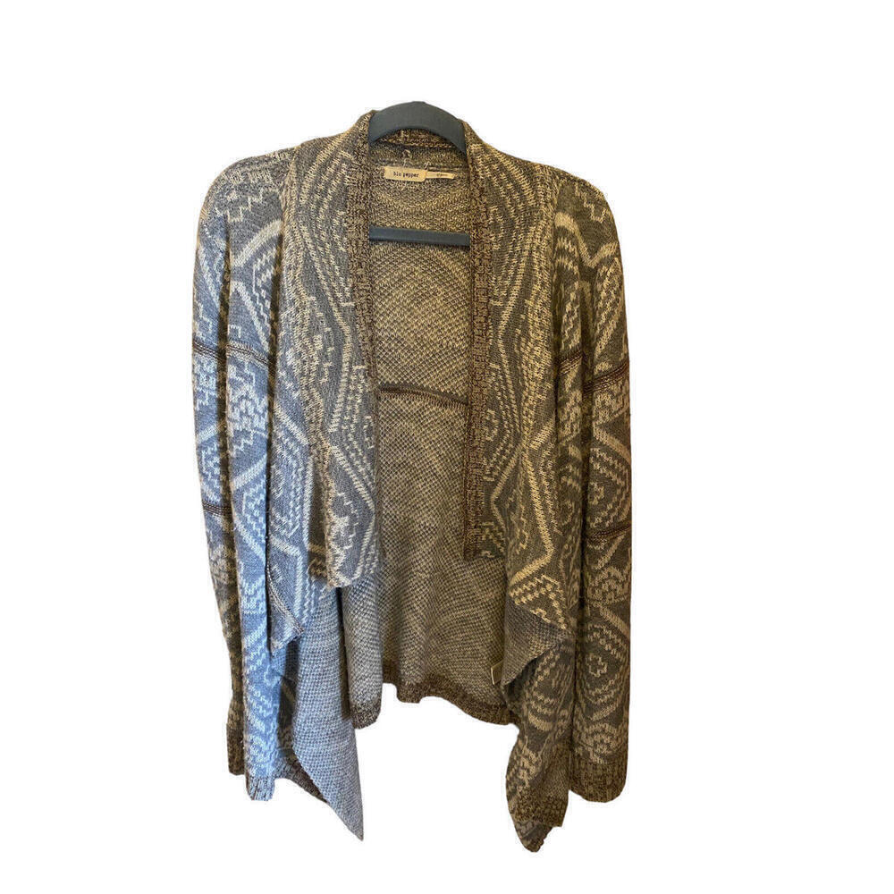 Blu Pepper Open Front Cardigan Sweater Gray Beige Tan Long Sleeve (M)